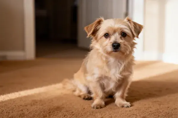 室内地毯上的一只小型混种梗犬