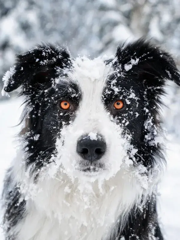 雪景中黑白边境牧羊犬面部特写