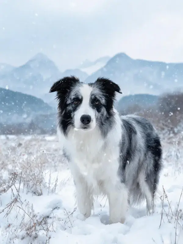 雪地中黑白边境牧羊犬站立特写