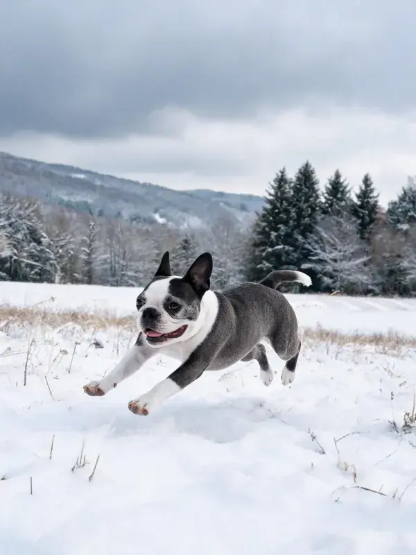 雪地中奔跑的波士顿梗犬
