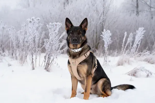 雪地中德国牧羊犬坐姿场景