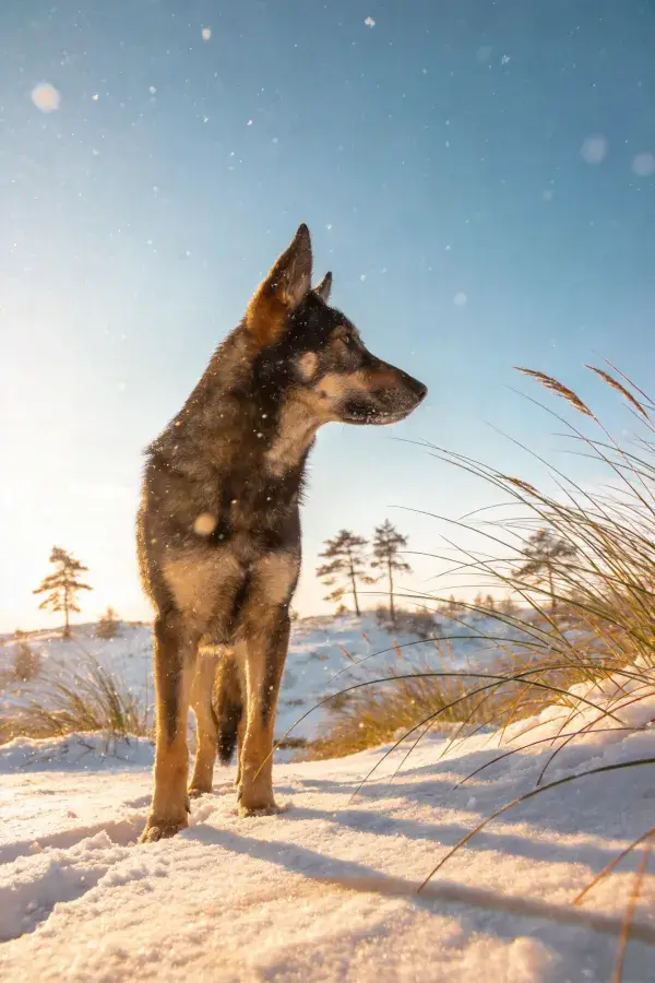 雪地草丛中的德国牧羊犬