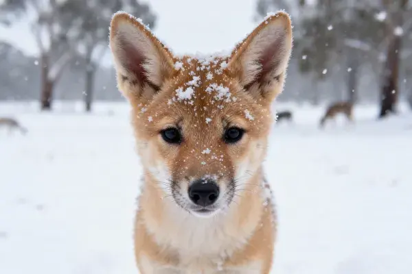 雪地中澳洲野犬幼崽特写