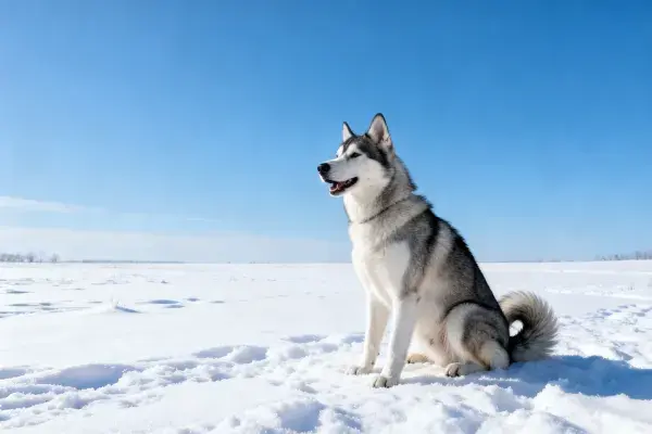雪地中安静伫立的西伯利亚雪橇犬