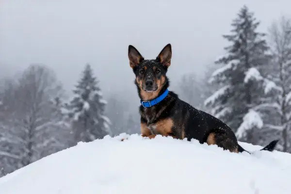 雪地中戴蓝项圈的德国牧羊犬