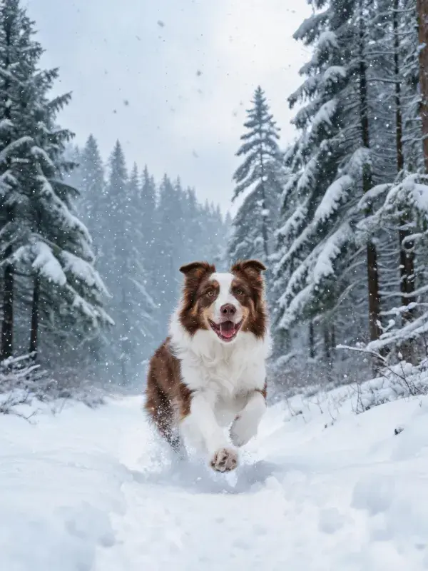 雪地森林中奔跑的棕白边境牧羊犬