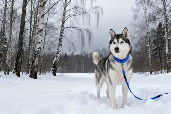 雪地树林中的西伯利亚雪橇犬