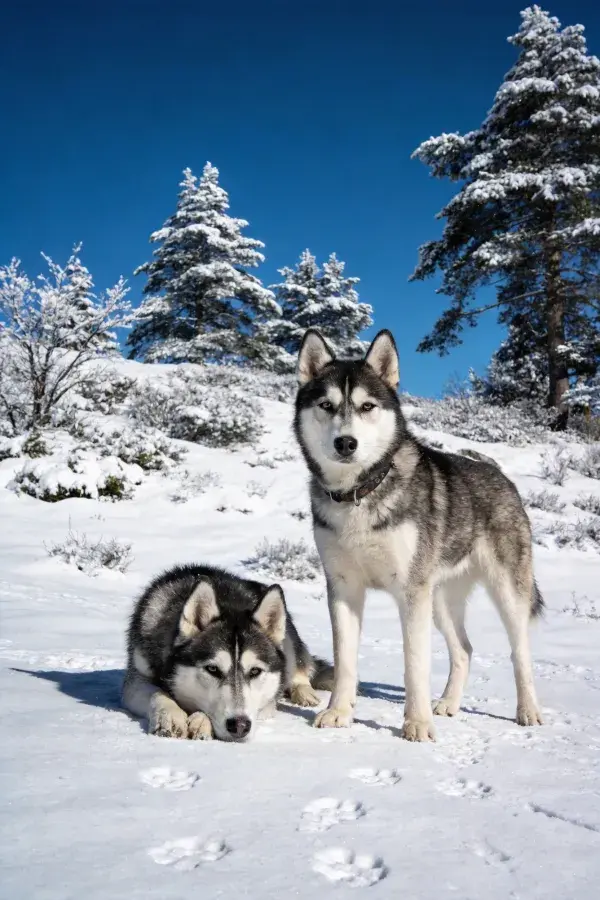 雪地森林中的西伯利亚雪橇犬