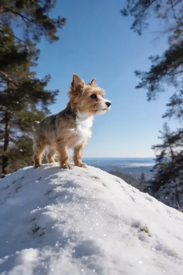 小型约克夏梗犬雪地伫立场景