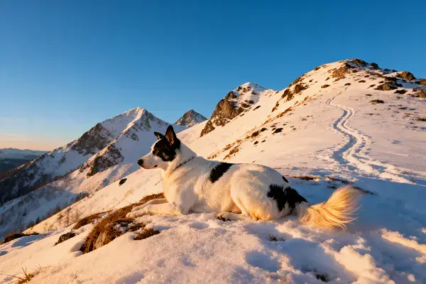 雪山之上黑白边境牧羊犬休憩场景