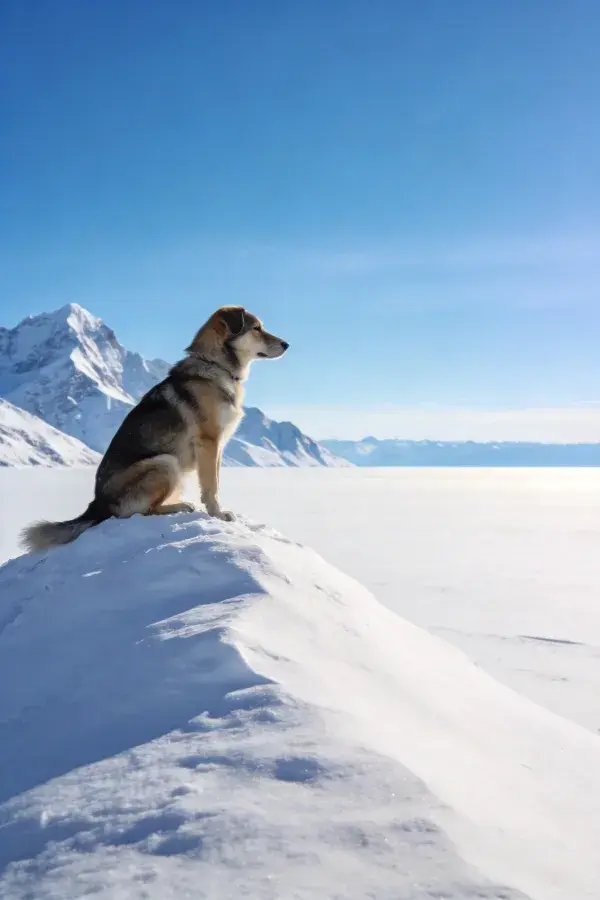 雪原山巅的黑棕白相间混种犬