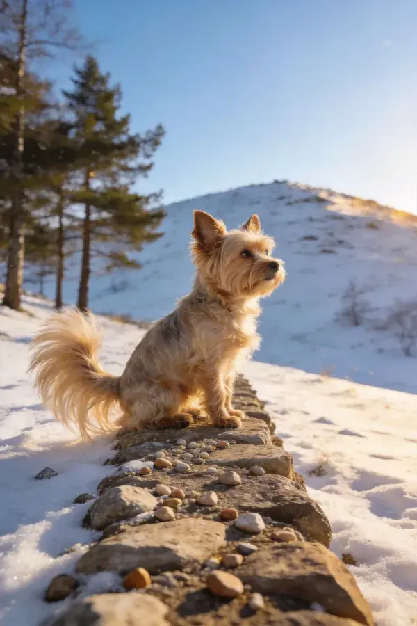 雪地石墙上约克夏梗犬的姿态捕捉