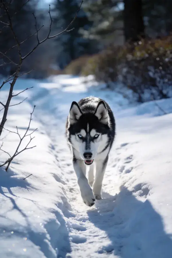 西伯利亚雪橇犬于积雪小径行走
