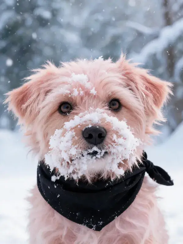 雪景中戴黑色围巾的浅棕色卷毛小型犬特写