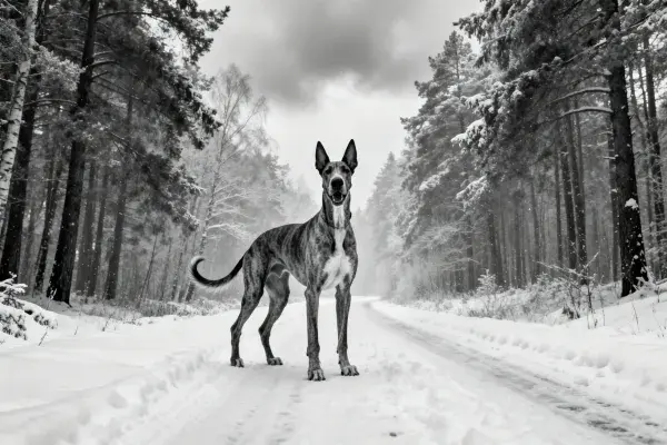 森林雪地中的大丹犬特写场景