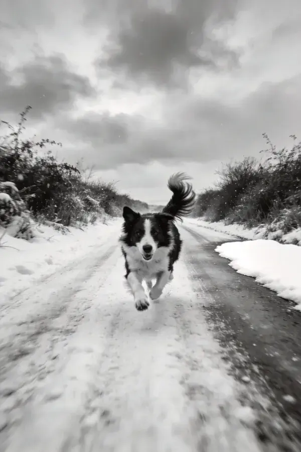 黑白边境牧羊犬雪地公路奔跑特写