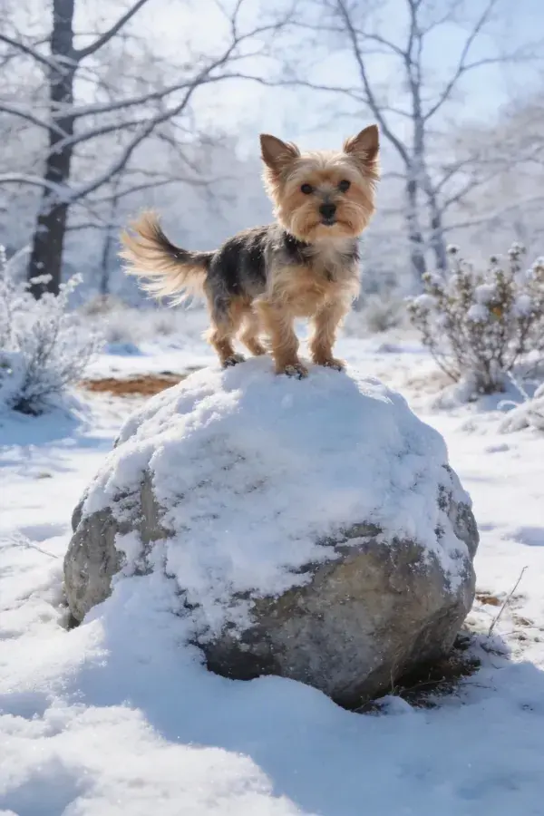 约克夏梗犬立于雪岩之上