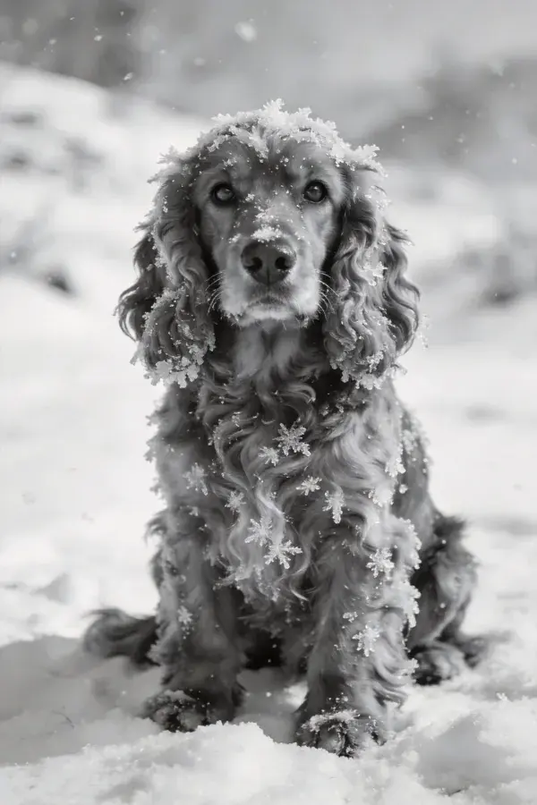 Title: 雪地中带雪花装饰的可卡犬坐姿