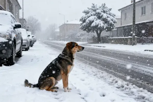 德国牧羊犬坐在雪地街道旁