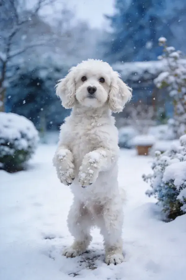 卷毛贵宾犬雪地站立姿态