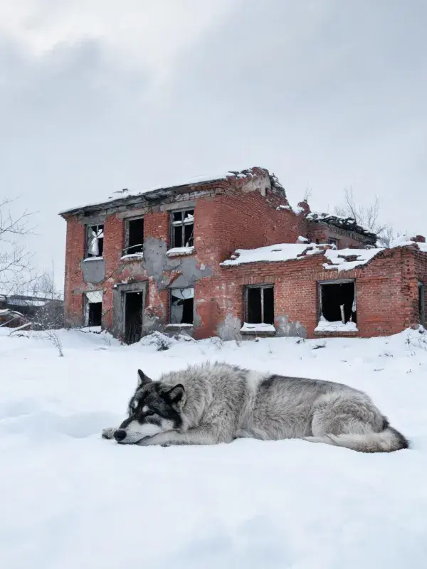 雪地废弃红砖房前的北极狼犬休息场景