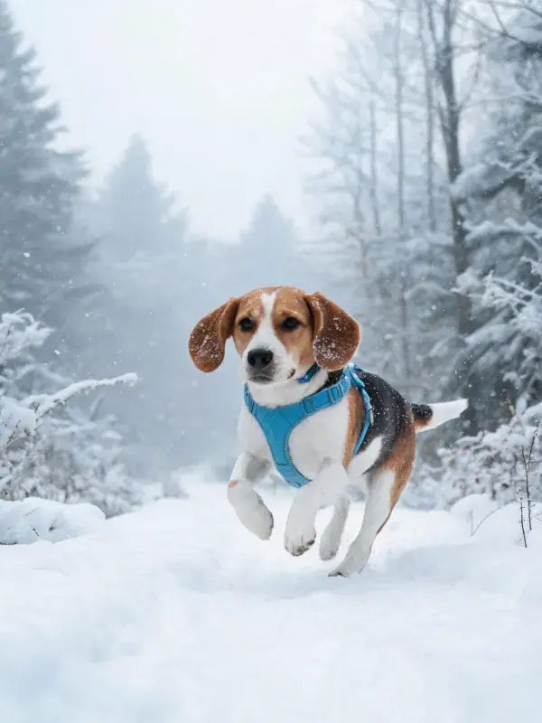 雪地森林中奔跑的比格犬