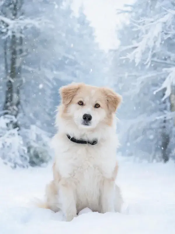雪地环境中浅棕白相间的混种犬