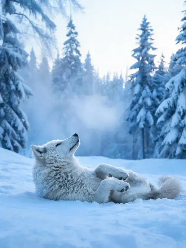 雪地森林中白色犬只躺卧场景