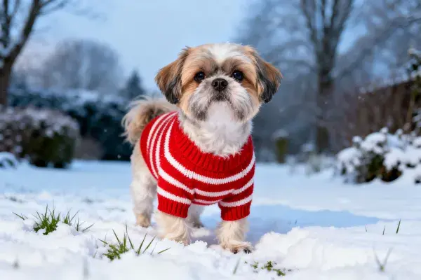 雪地中的西施犬穿毛衣