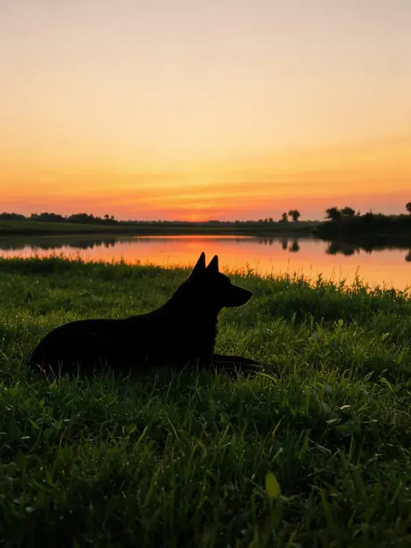 德国牧羊犬坐在草地旁水域边
