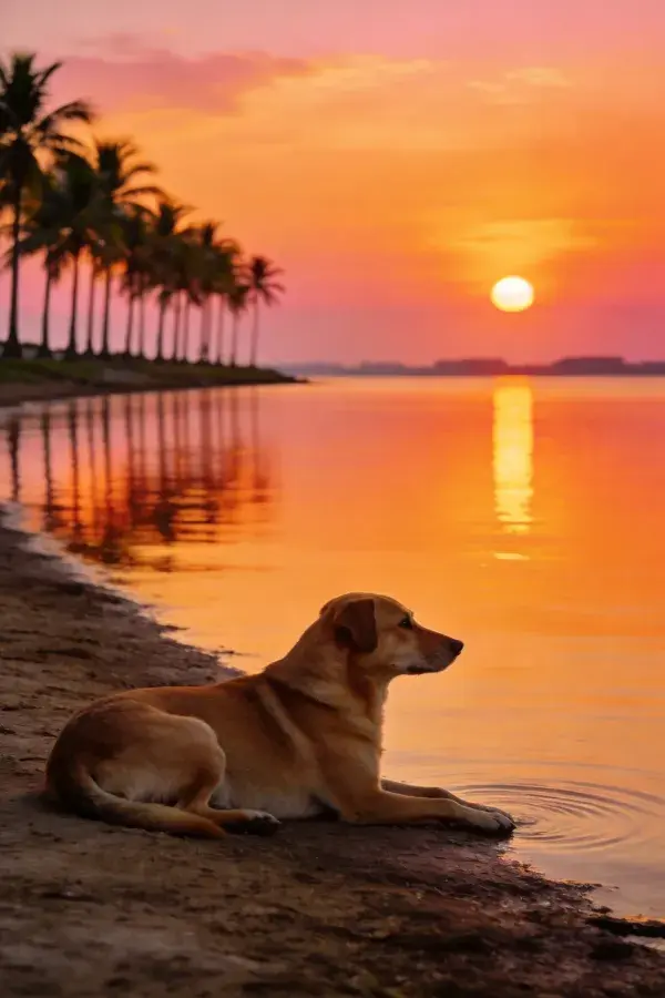 沙滩黄昏时浅棕色大型家犬休憩场景
