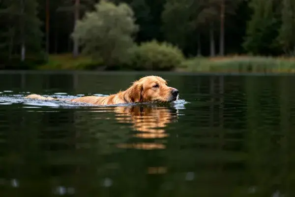 金毛猎犬在湖泊中游泳