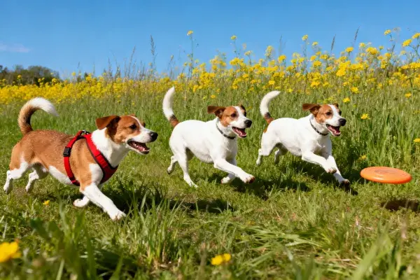 草地黄花丛中追逐飞盘的三只杰克罗素梗犬