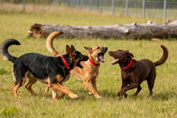 草地中三种犬类的互动场景
