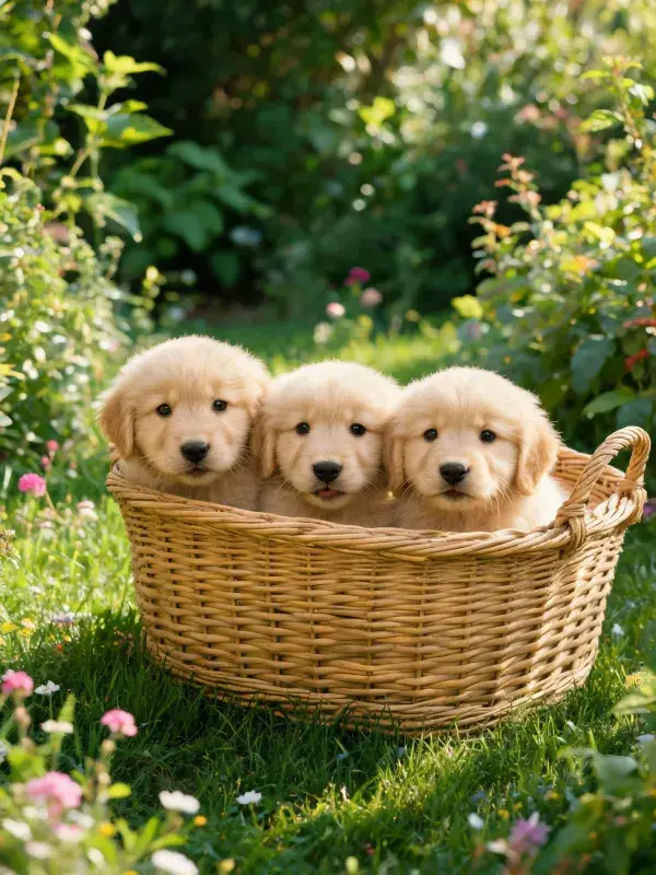 金毛幼犬篮中花园场景捕捉
