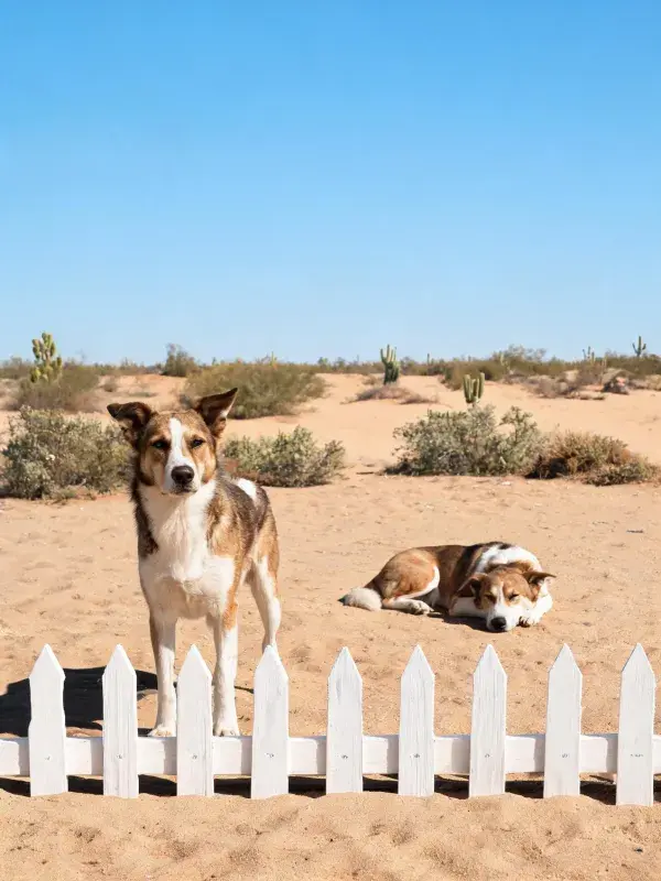沙漠环境中两只混血犬的日常场景
