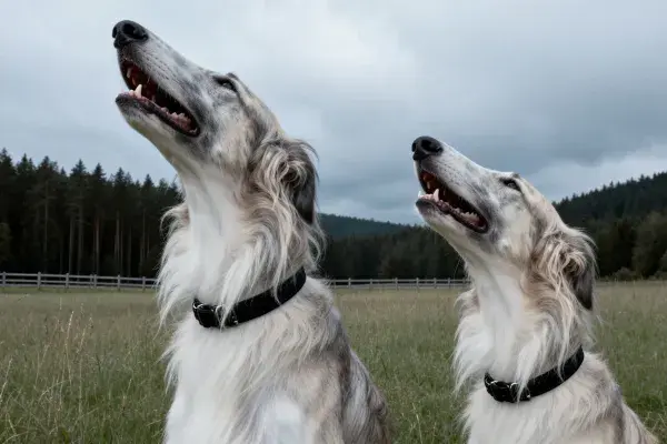 阳光草地上的二只俄罗斯猎狼犬特写场景