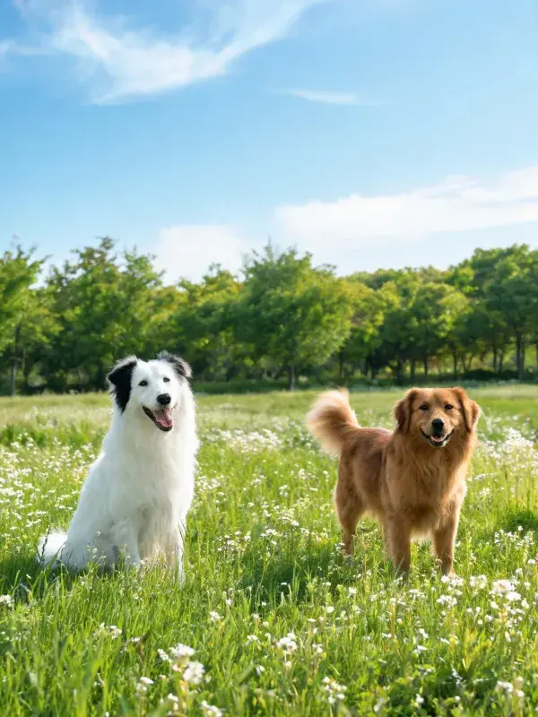 阳光下草地上的边境牧羊犬与金毛犬场景