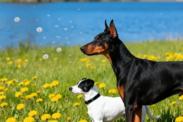 杜宾犬与杰克罗素梗犬在花丛中