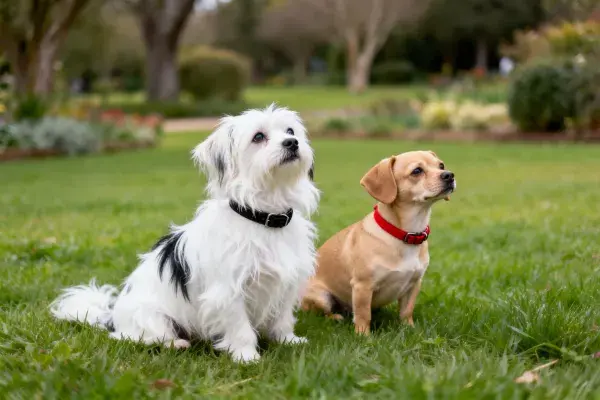 草地上的马尔济斯犬与小型哈巴狗