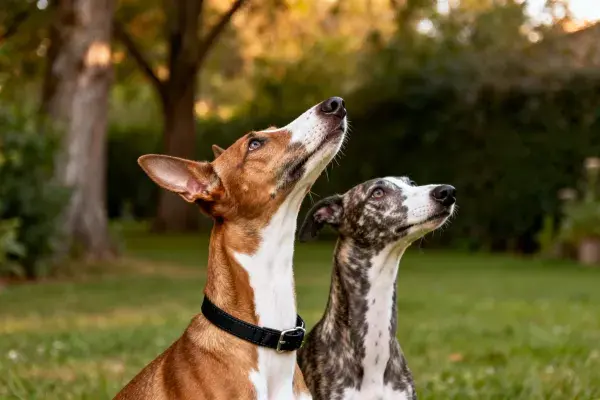 草地中两只短毛猎犬的特写