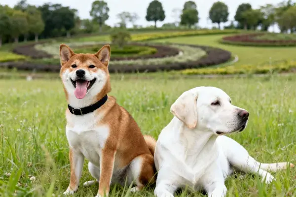 草地园林中柴犬与拉布拉多犬