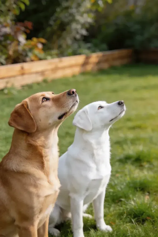 阳光下草地上的两只拉布拉多猎犬
