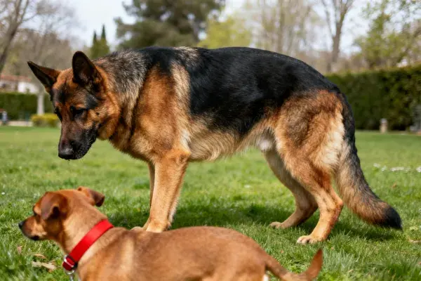 阳光明媚草坪上的德牧犬与小型犬互动场景