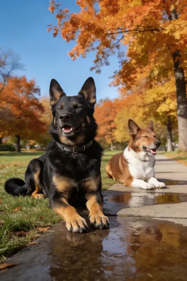 德国牧羊犬与同伴于秋日步道休憩