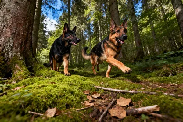 森林苔藓地面上奔跑的德国牧羊犬