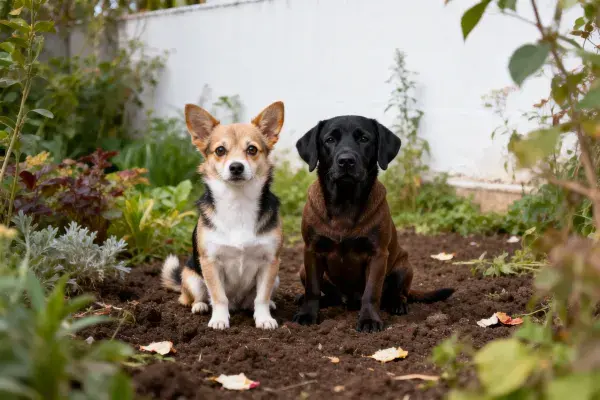 三色柯基犬与黑色拉布拉多犬在泥土中的特写
