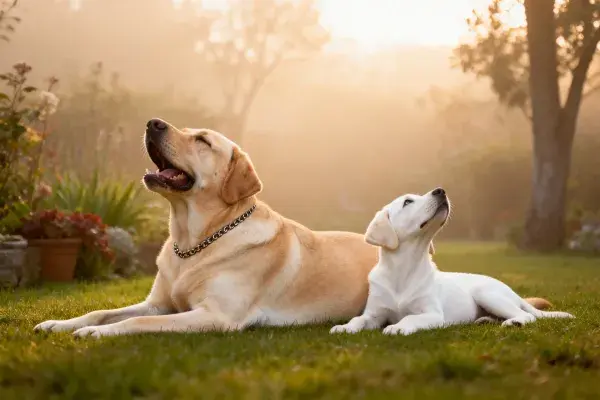 花园中两只拉布拉多猎犬休憩场景