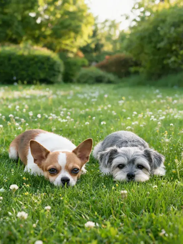 阳光下草地上的吉娃娃犬与西施犬