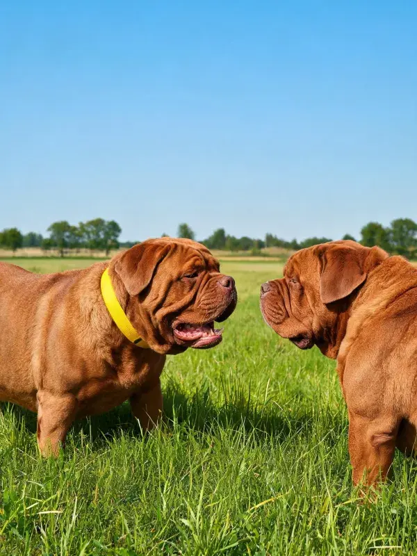 草地上两只法国斗牛獒犬对视